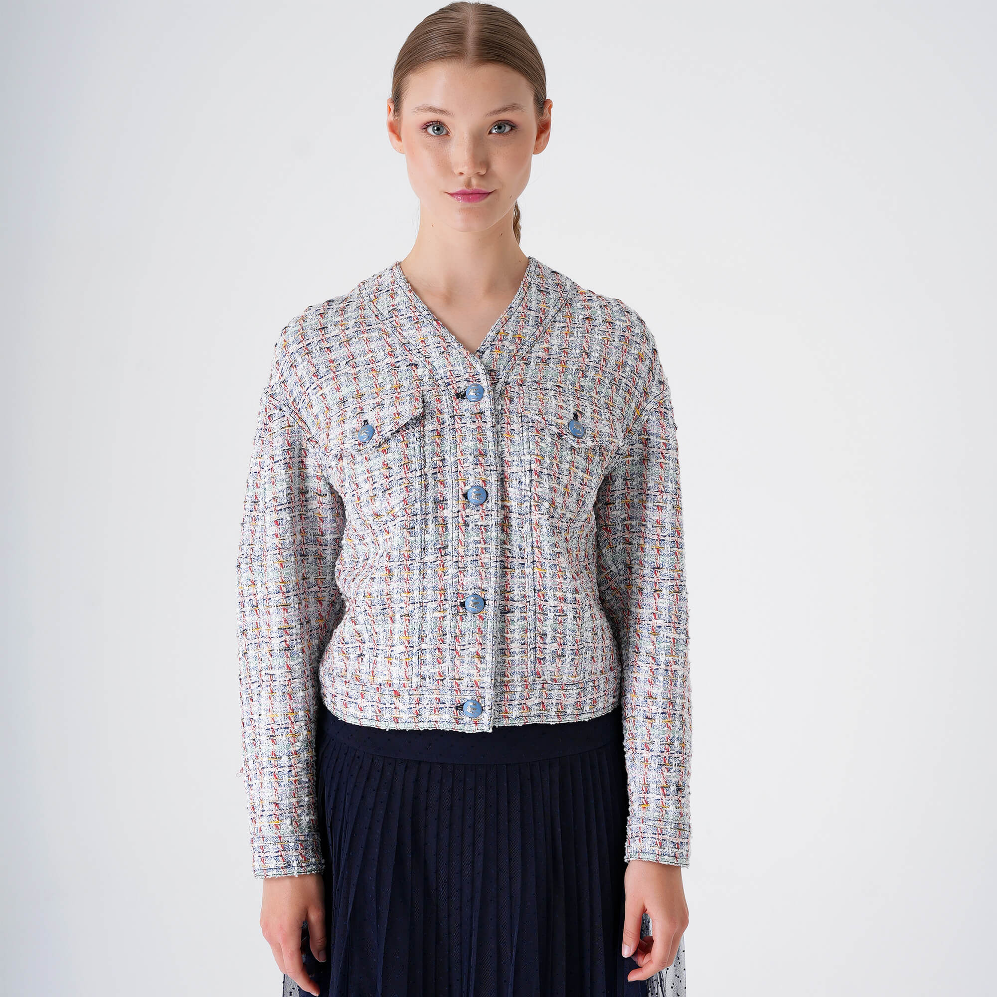 Etro - White & Blue Tweet Icon Button Jacket